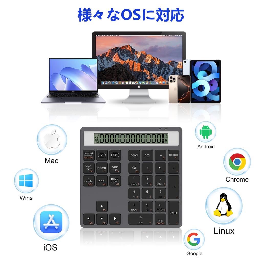2-in-1 Wireless Bluetooth Numeric Keypad with Dual-Mode Bluetooth2.4G Support, Built-in Display Calculator, Ultra-Slim Portable Design, 34-Key Quiet