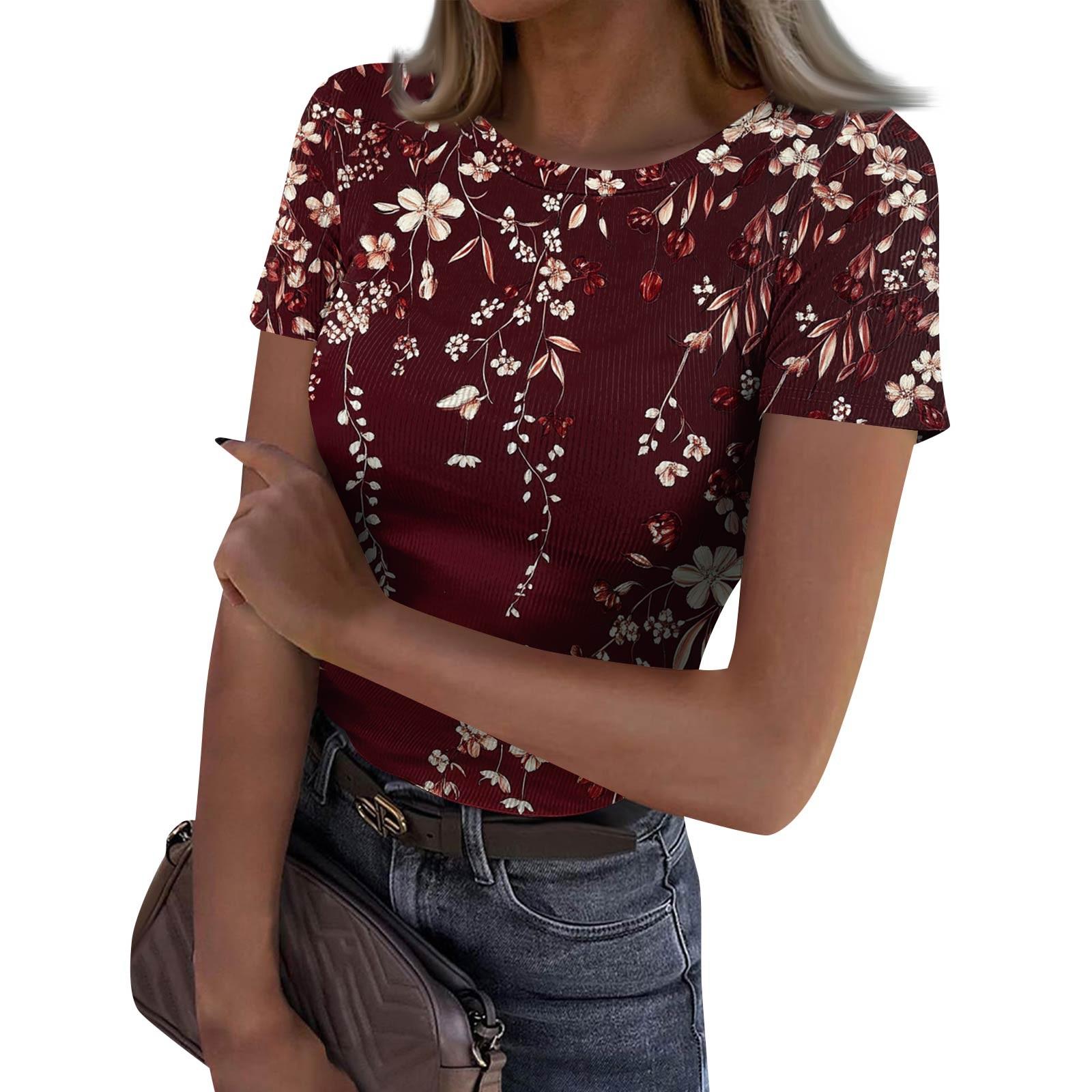 

Ladies Slim Bottom T-shirt Fashion Casual Round Neck Pullover Short Sleeve Top M винний