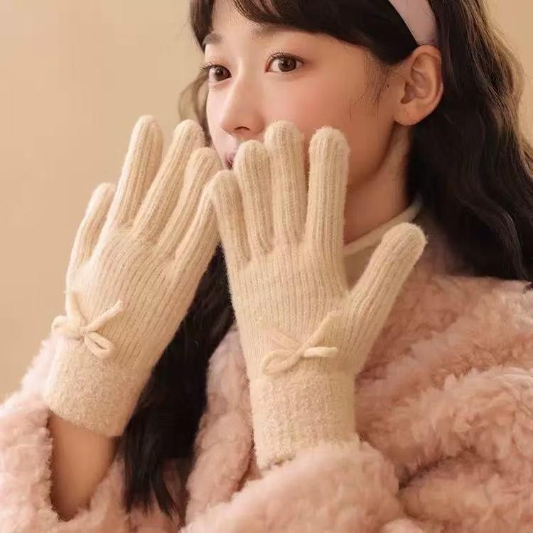 Cross-border Korean Style Cute Bow Wool Winter Gloves - Warm, Windproof, Full Five-Finger Design