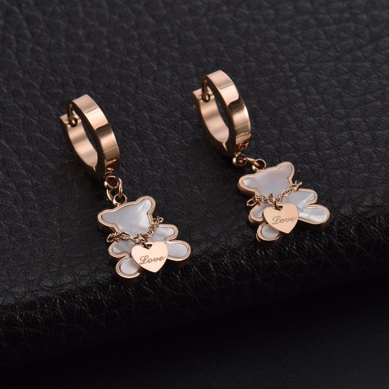 Sweet Peach Heart & Bear Earrings, Titanium Steel Studs with White Shell, Korean Style for Women