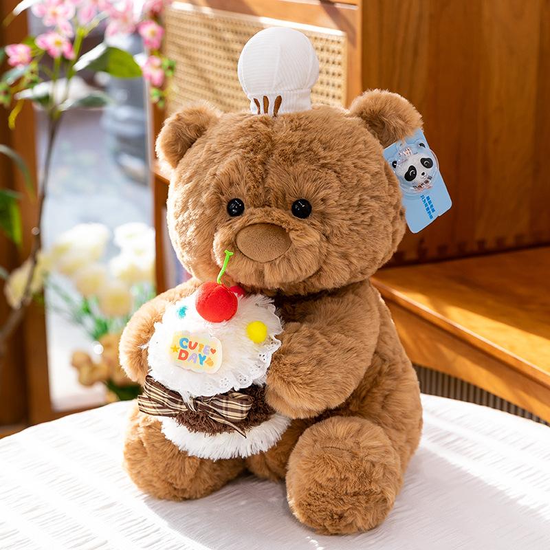 Cake bear plush toy cute chef hat bear doll creative cartoon bedside rag doll home throw pillow