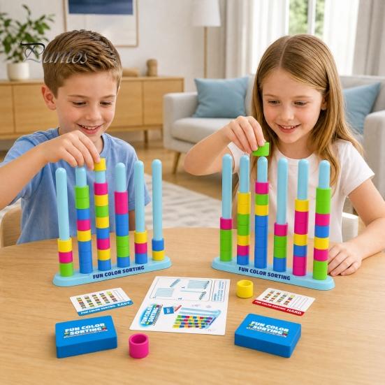 Color Ring Stacking Game 1/2 Sets Matching Challenge Game, Fast Pattern Family Board Kids Logic Puzzle for & Adults, Birthday Easter Christmas