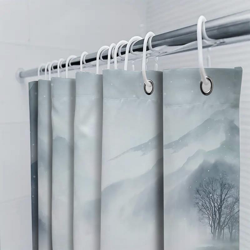 Watercolor Ink Wash Shower Curtain Mountain Boat Scene Bathroom Decor Artistic Touch Chinese Ancient Style Design Elevate Space