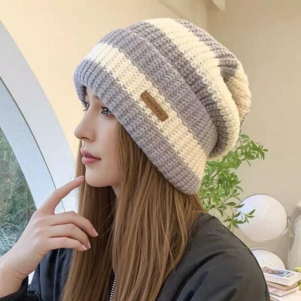 Women Slouchy Winter Hat Stripe Stitching Beanie Hat Soft Knit Hats Female Streetwear Cap