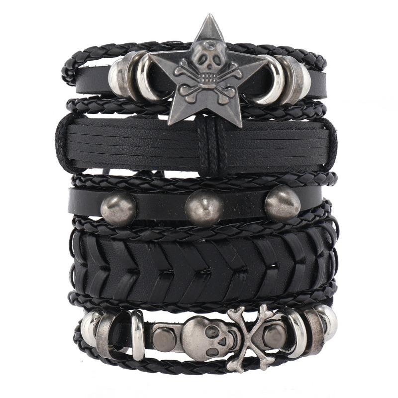 Hot Sale 5-piece Punk Style Handwoven Retro Fashion Big Pentagram Skull Alloy Accessory Leather