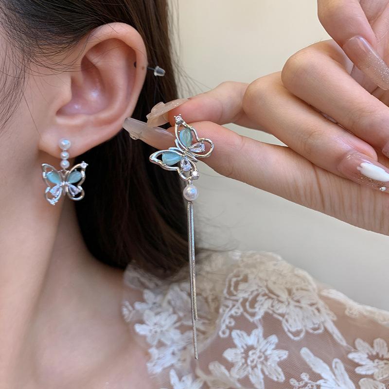 Super Fairy Crystal Butterfly Earrings Women's Niche High-end Sense Versatile Temperament Pearl Stud Earrings