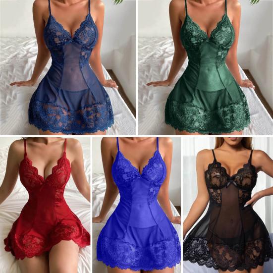 Dámská letní noční košile s výstřihem do V, krajkovou vsadkou, na špagetová ramínka, bez zad, bez rukávů, slim fit