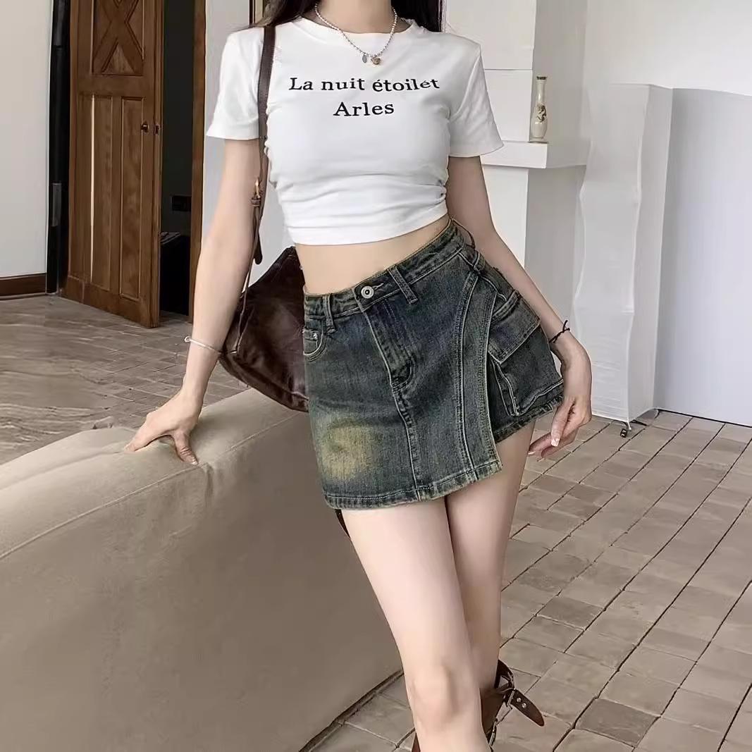 

Жіноча джинсова міні-спідниця А-силуету з високою посадкою - Літній стиль 2024 року, що приховує недоліки та стрункішить 2XL синій