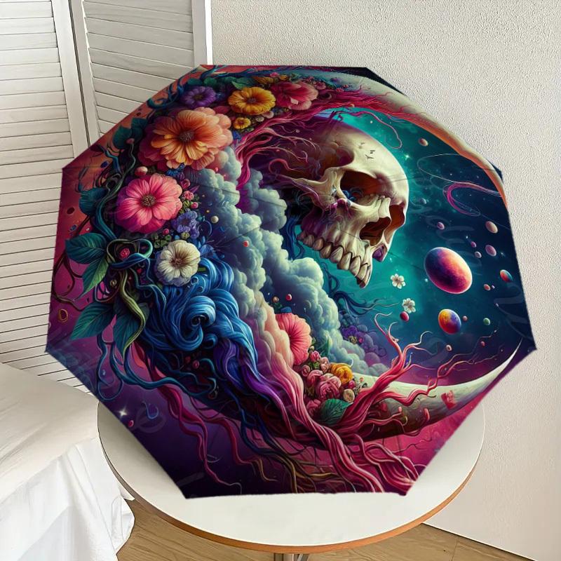1pc Floral Cosmic Skull Mandala Umbrella with Plastic Handle,Suitable for All Seasons Home Travel Outdoor UmbrellaDD1539
