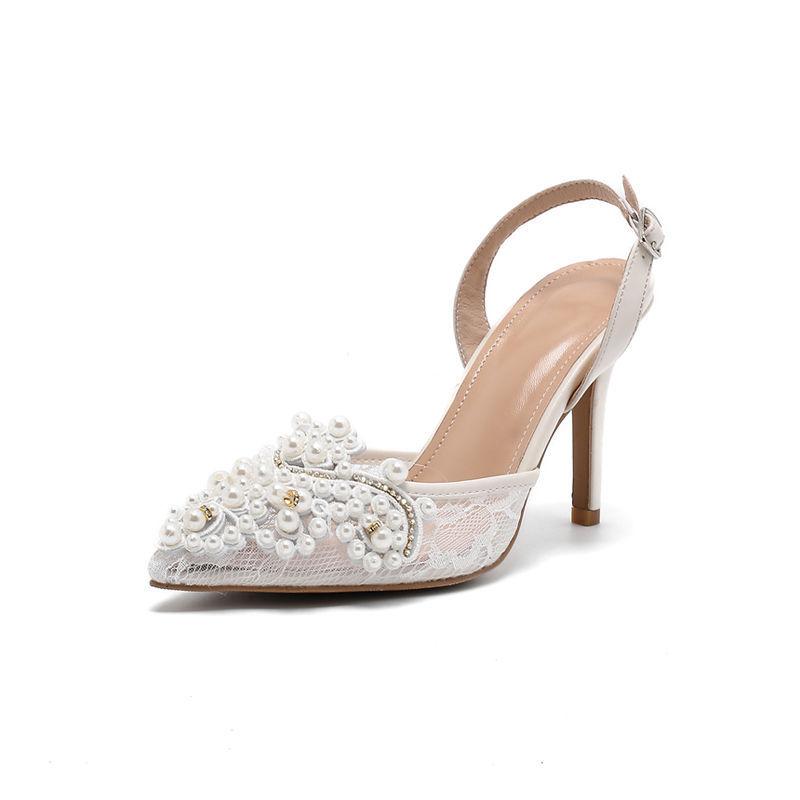 Francouzské špičaté vysoké podpatky Svatební boty Dámské Niche Temperament Perleťová Krajka Mesh Single Boty Tenký podpatek Bag Head Sandály