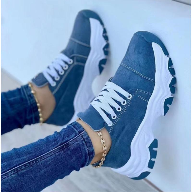 New platform color matching lace-up canvas shoes women's large size low-top casual single shoes sports shoes