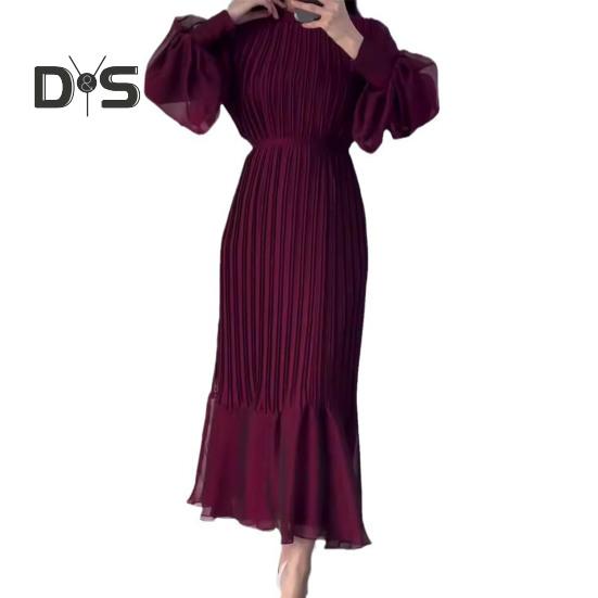 

Женское вечернее платье Плиссированное А-силуэт Длинные рукава-фонарики Плиссированное прозрачное сетчатое платье-стойка с узкой талией и оборками в стиле пэчворк Макси-платье M вино красного