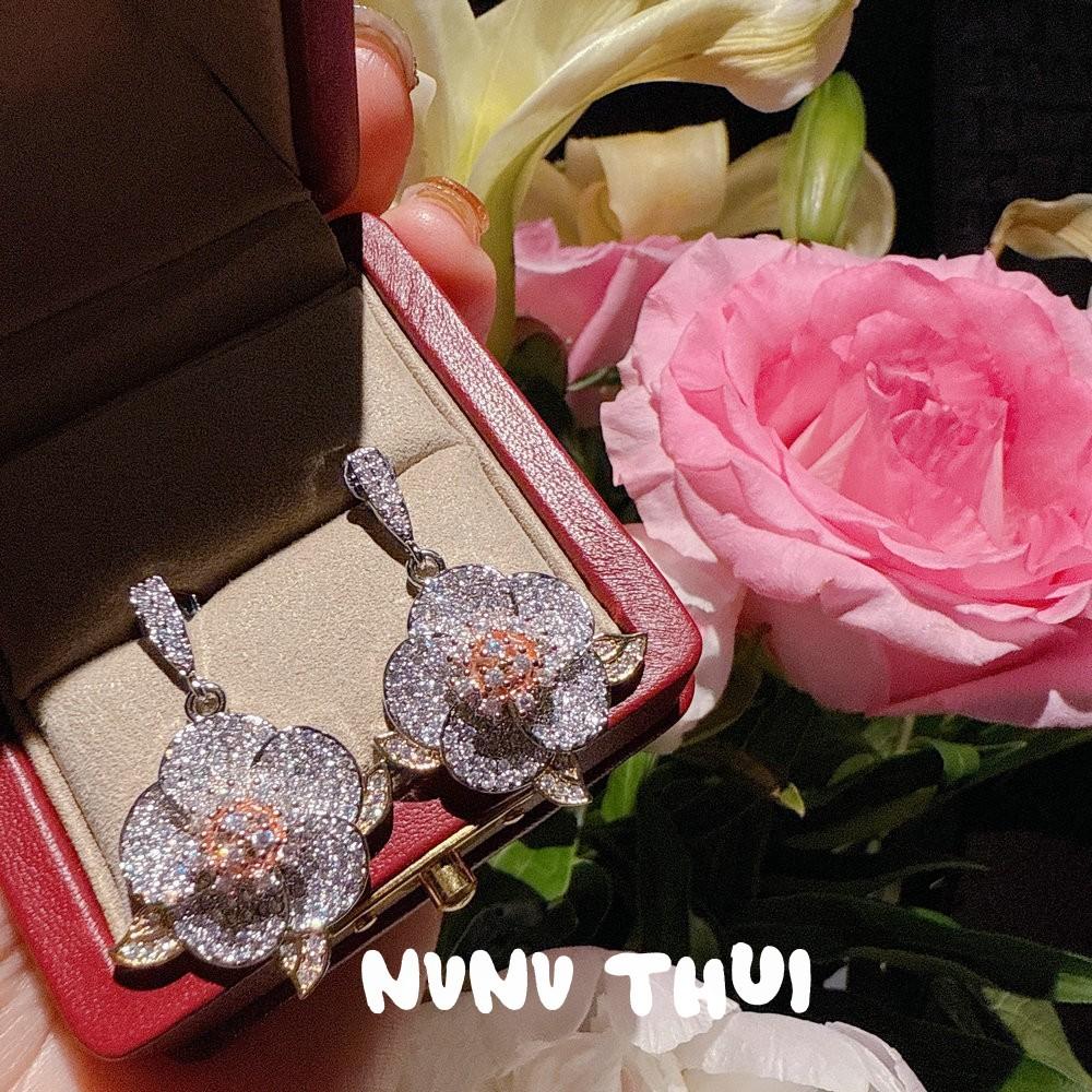 Jewelry, Italian Retro Camellia Gemstone Earrings, Light Luxury And High-End, Floral Fritillary Zircon Bracelet, Set.