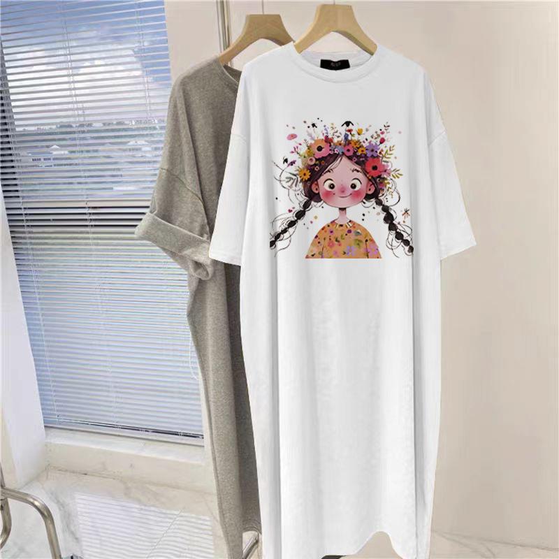 Large Size Women's Pure Cotton Short-sleeved T-shirt Dress, Summer Top, Fat Mm To Cover The Belly, Age Reduction and Thin Knee Dress