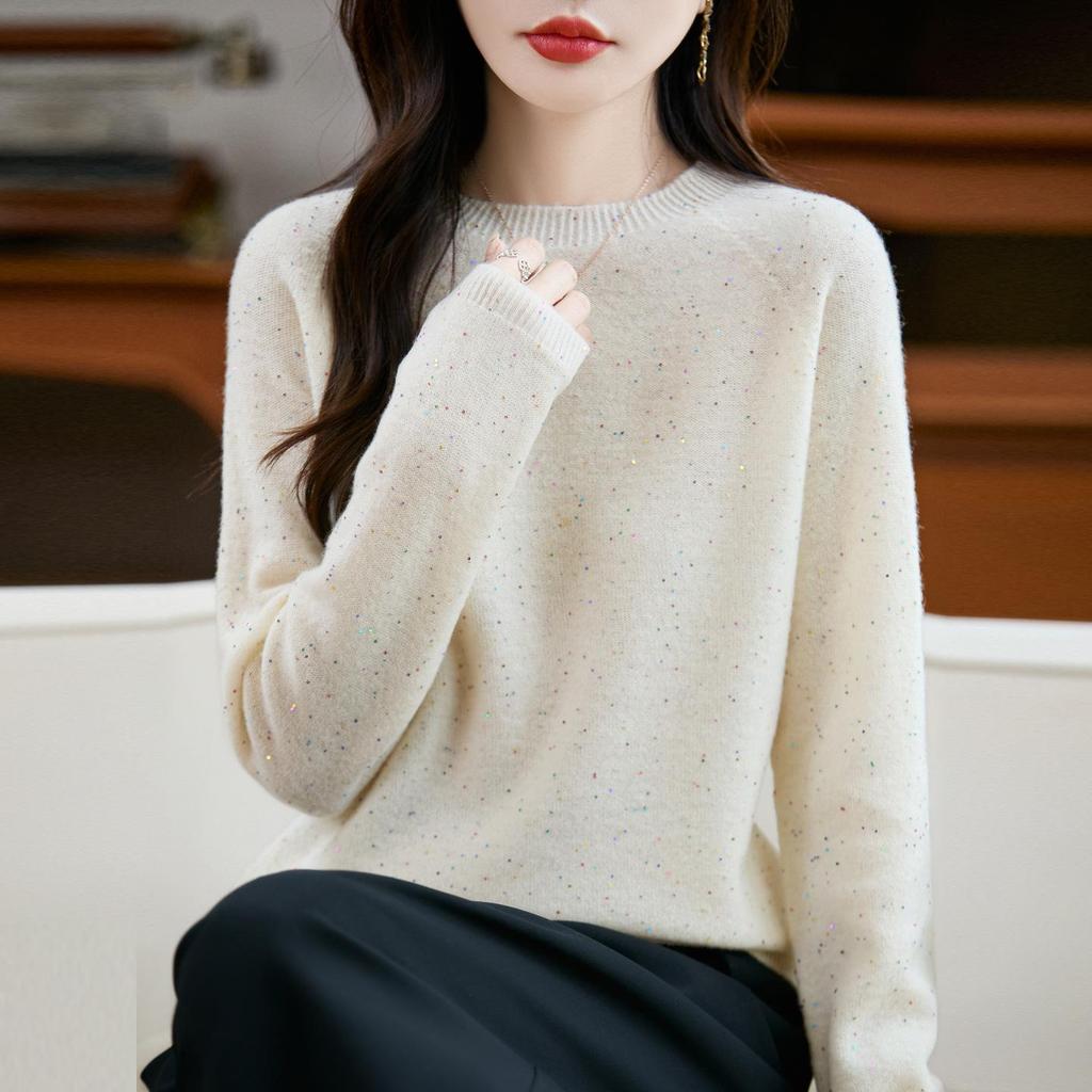 Women's Sequin Crew Neck 100% Wool Sweater - Loose Fit, Ready-to-Wear Knit Base Layer for Commute