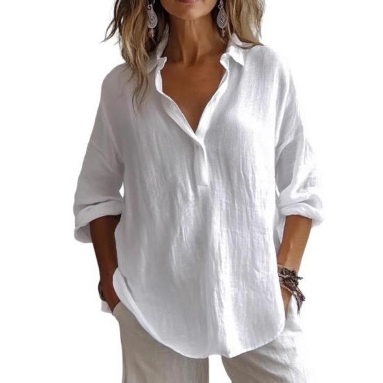 Lightweight Breathable Casual Blouse Loose Fit Women Shirt Lapel V Neck 3 4 Sleeve Pullover Tops Solid Color Daily Wear