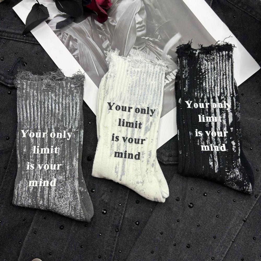 Stripe Mid Tube Socks Unique Letter Personality Mid-Calf Socks Soft Ripped Hollow Socks  For Women