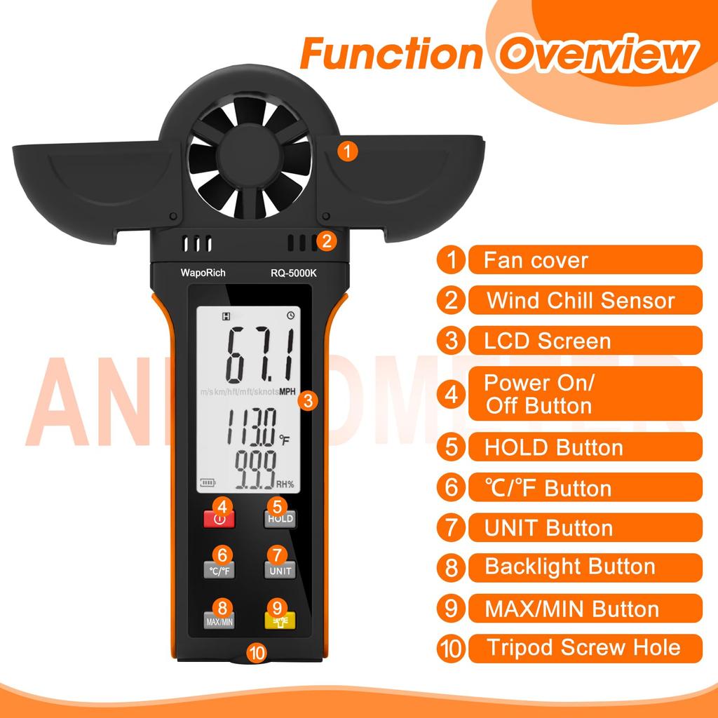 WapoRich Digital Anemometer Hygrometer RH Hygrometer Monitor 6 Types of Ambient Wind Speed Unit Selection Wind Speed with Large LCD Screen Air Volume