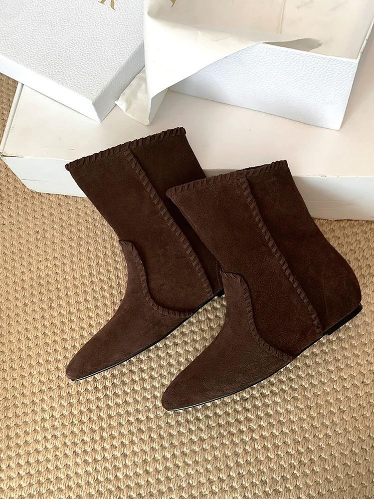 Sheepskin Version~ Niche Matte Suede String Rope Tip Inner Height Increase Western Cowboy Boots Women's 2025 Short Boots Thin Boots