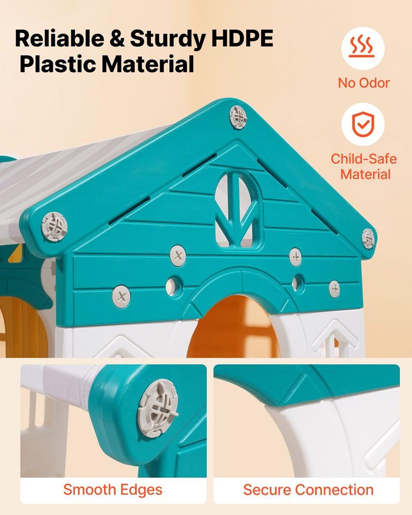 Outdoor Playhouse, Versatile Toddler Playground with Slide, Basketball, Telescope, Steering Wheel, Crawling Tunnel, Sales Window, Toddler Playset for