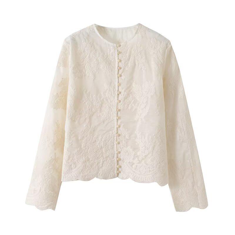 Semi-Transparent Lace Embroidered Women's Round Neck Blouse
