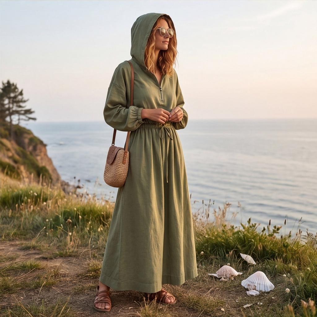 Women Long Hooded Dress with Zipper Drawstring Waist Pockets Vintage Style Linen Cotton Blend Casual Maxi Dress