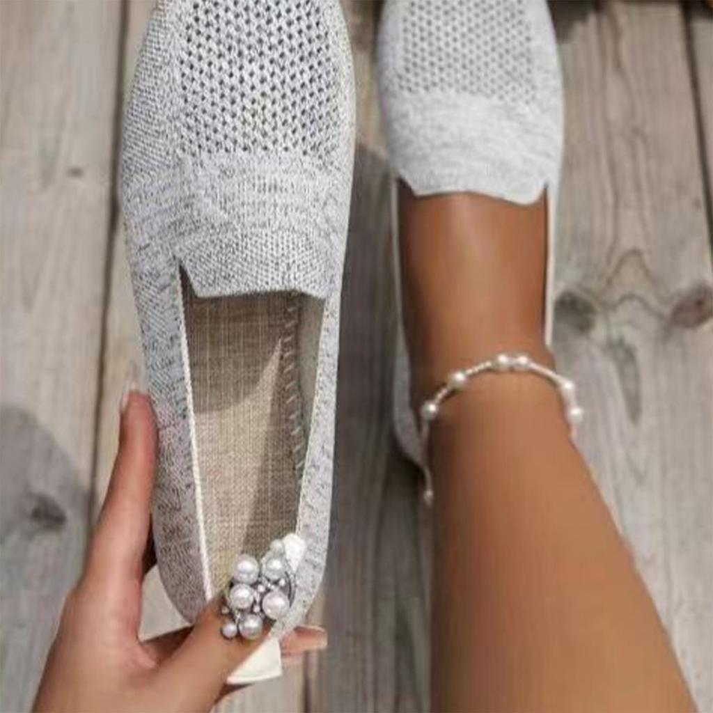 Women Slip On Casual Flat Shoes Metal Buckle Loafers Comfortable Lightweight Breathable Knit Fabric Large Size