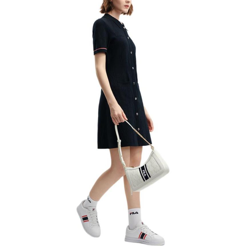 FILA Basic Simple Casual Polo Collar Short Sleeve Dress Women Dresses Legendary-Blue F11W341308F-NV
