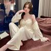 Sleepwear Women's Ice Silk 1011 Spring and Autumn New Pure Style Sexy French Strap Long Pants Thin Loungewear Three-Piece Set