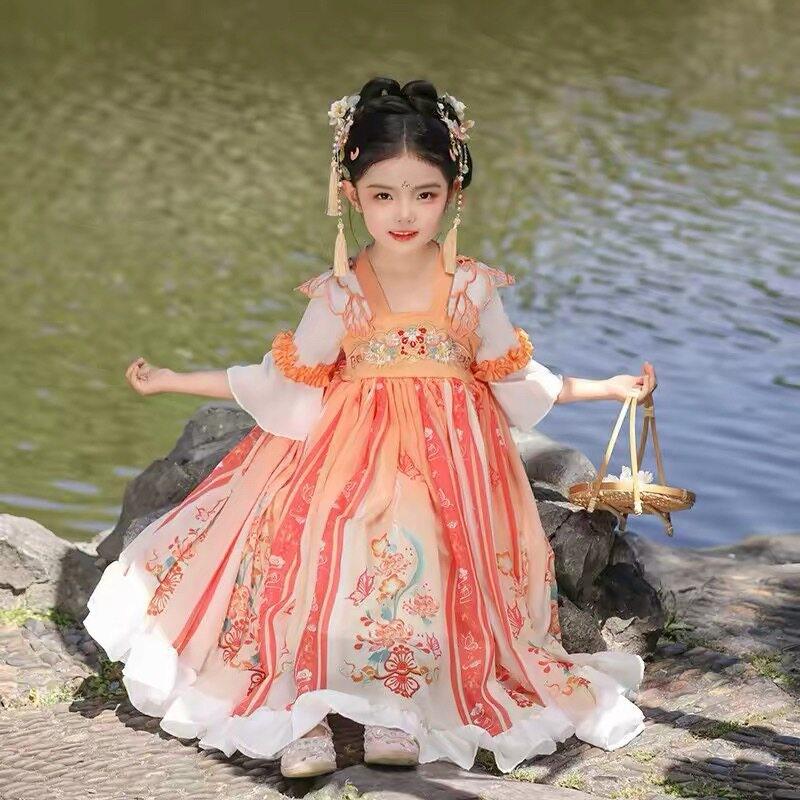 Girls Spring Hanfu Dress Embroidered Ruqun Fairy Traditional Chinese Costume for Kids Performance