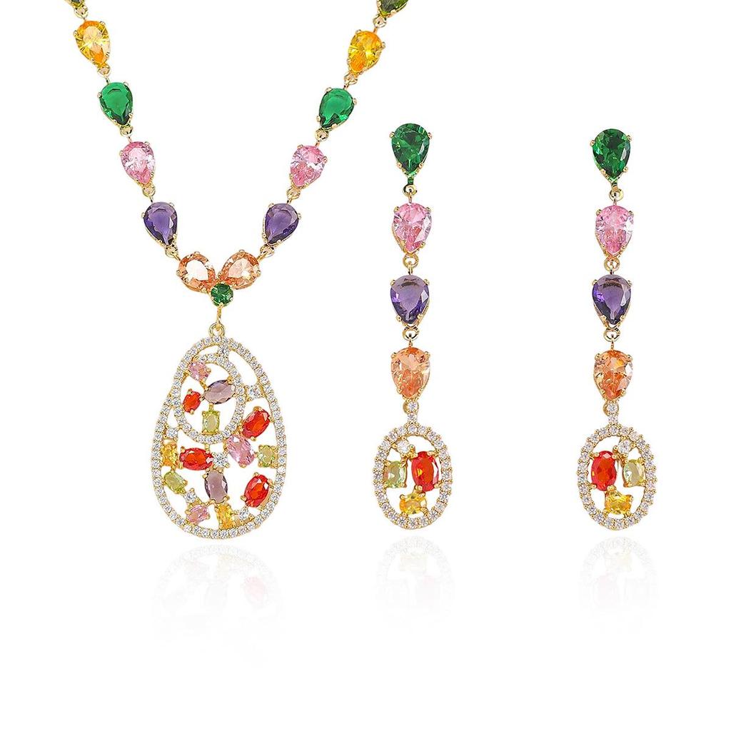 European Style Zircon Flower Earrings & Pendant Clavicle Chain Necklace Set for Women