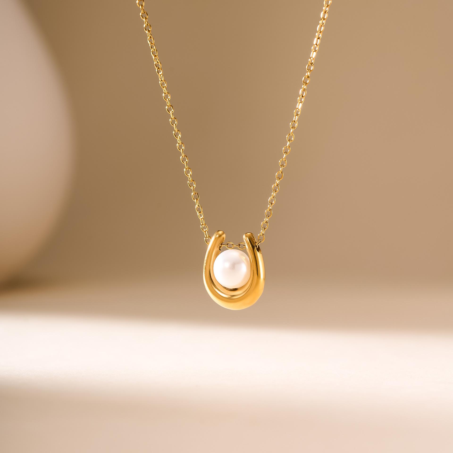 

Imitation Pearl Horseshoe Pendant Necklace for Women Stainless Steel Gold Color Snake Chain Choker U-Shaped Zircon Gift 40-45 cm