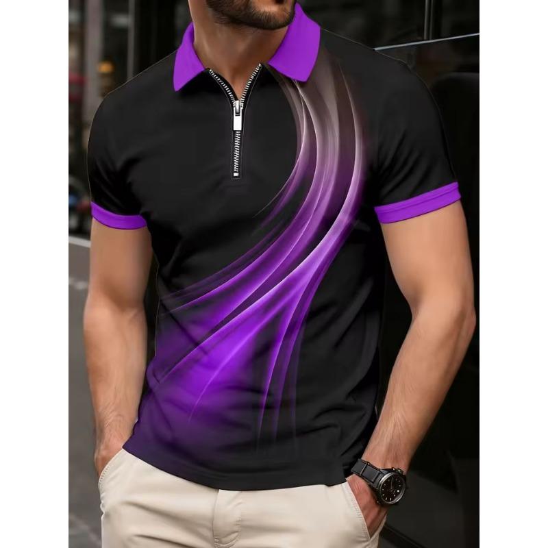 Fashion Men's Polo Shirts Casual Turn-Down Collar Zipper Golf Wear Ladder Print Short Sleeve Tee Shirt Men Polos Tops Clothing
