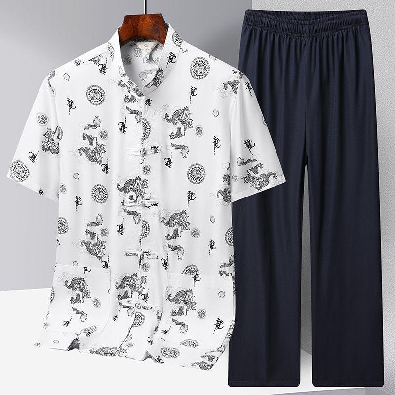 Erkekler Yeni Çin Gelenekleri Erkek İpek Saten Kung Fu Takım Tang Takım Gömlek Kol Ceket Pantolon Ejderha Wu Shu Tai Chi Takımları