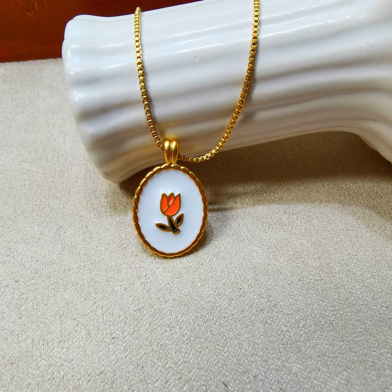 Meier Minimalist geometric oval tulip enamel pendant necklace - short clavicle chain золотой
