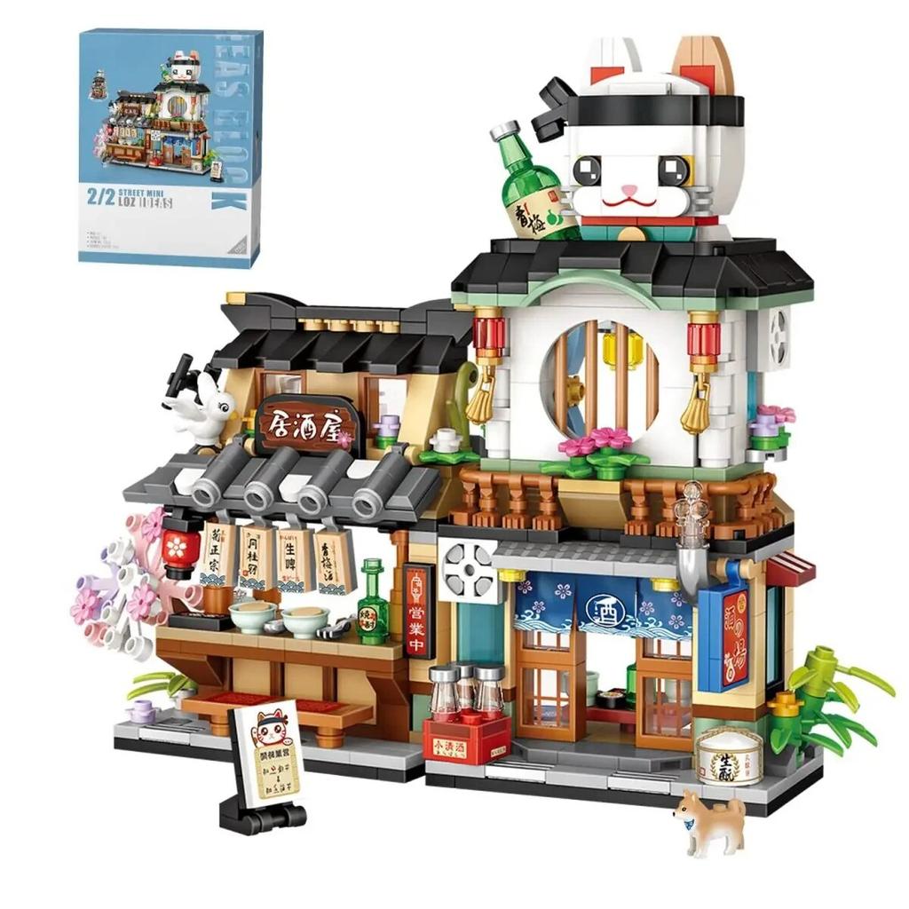 709 Teile Takoyaki-Laden Straßenansicht Izakaya-Laden Spielzeug, MOC Bau Kreatives Architekturmodell Set, Mini-Bausteine