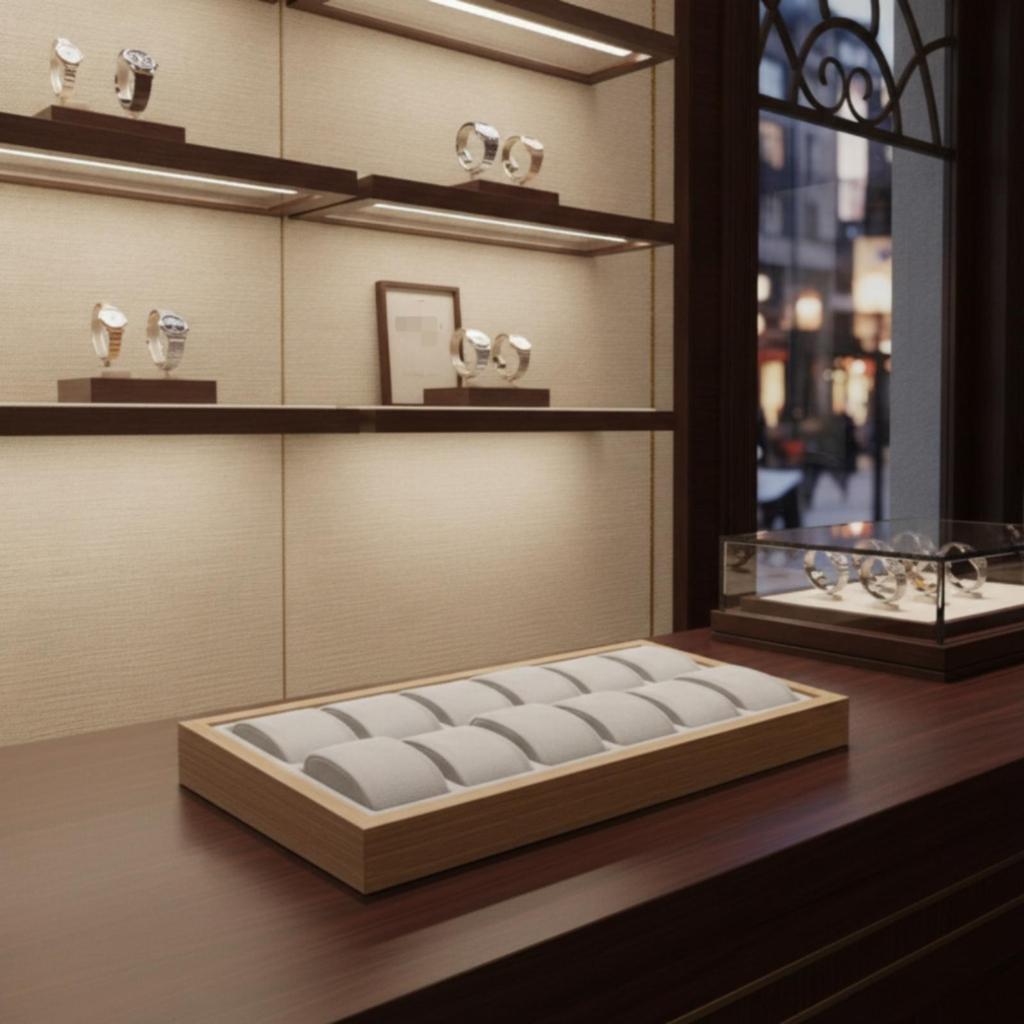 Vassoio per Orologi con 12 Scomparti Finitura Legno per Esposizione per Rivenditori, Collezionisti, Bancone,