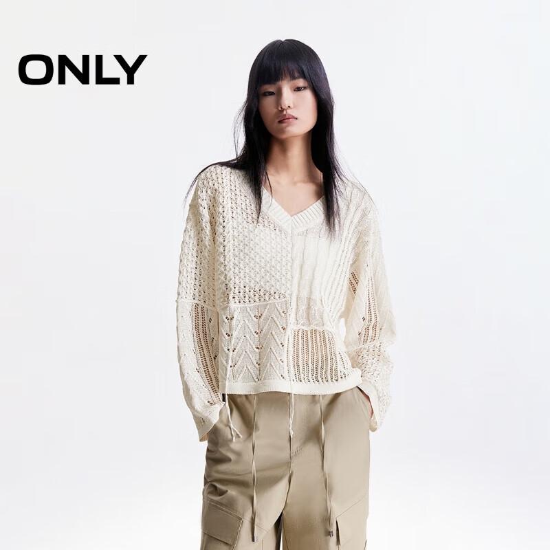 

ONLY Women s Asymmetric Crochet V-Neck Knit Sweater L