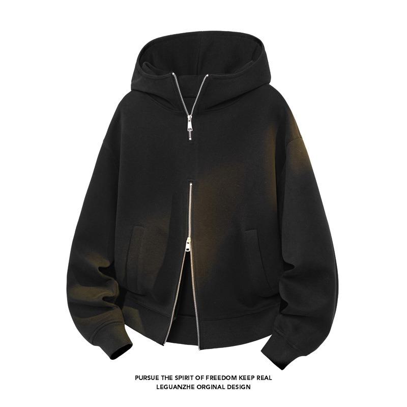 Men Loose Heavy Weight Double Zipper Hooded Sweatshirt Casual American Style Top
