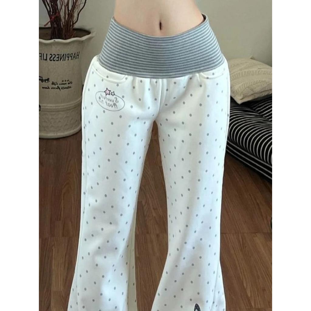 Spring Fashion Casual White Polka Dot Slim Trousers Women Hot Girl New Striped Thin Straight Leg Pants Japanese Patchwork Mopping Pant