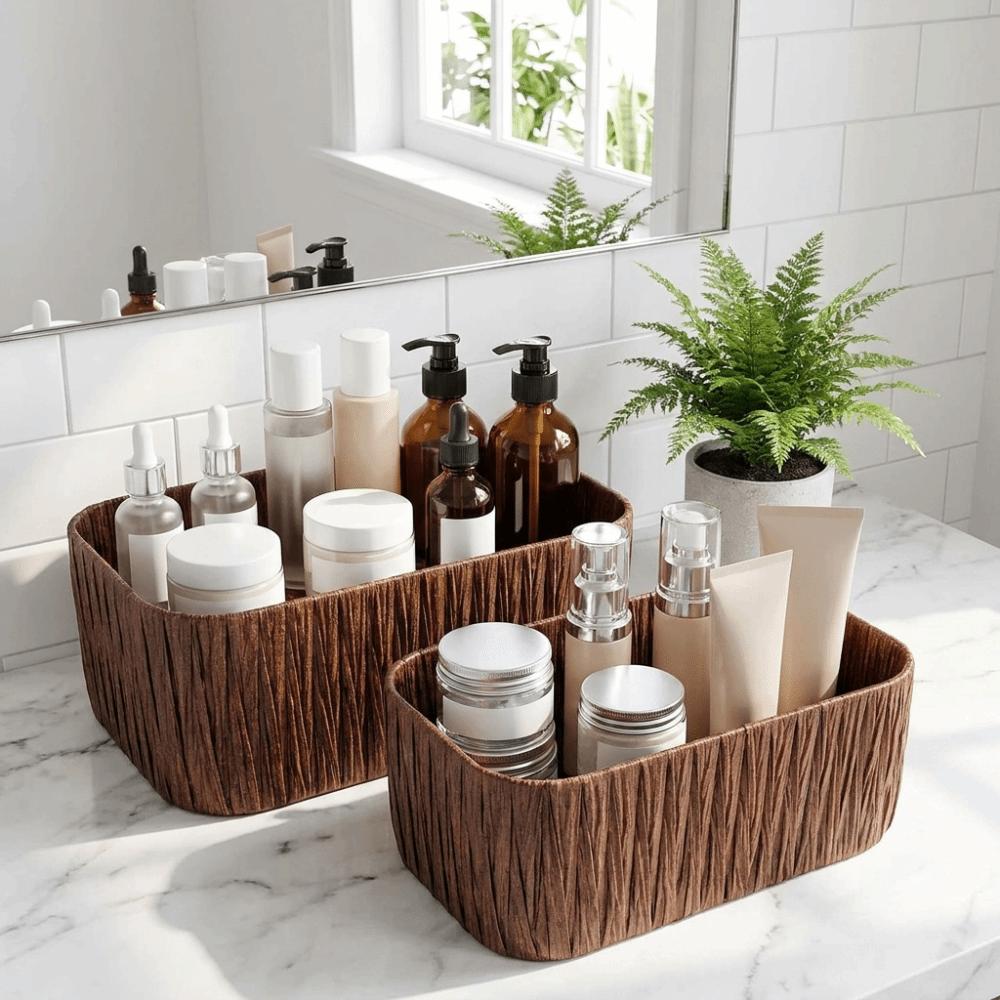 Durable Woven Storage Basket Rectangular Sundries Organization Box Picnic Basket Living Room