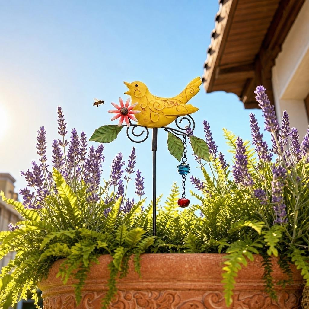 Metal Bird Wind Chime Garden Stake Outdoor Yard Decoration Patio Ornament with Hanging Bell and Floral Design