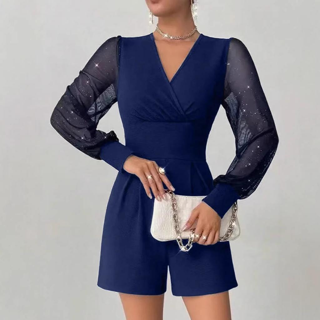 Damen Sommer Frühling Kurze Jumpsuits und Strampler Netz Langarm V-Ausschnitt Bodysuits Damen Elegant Playsuits