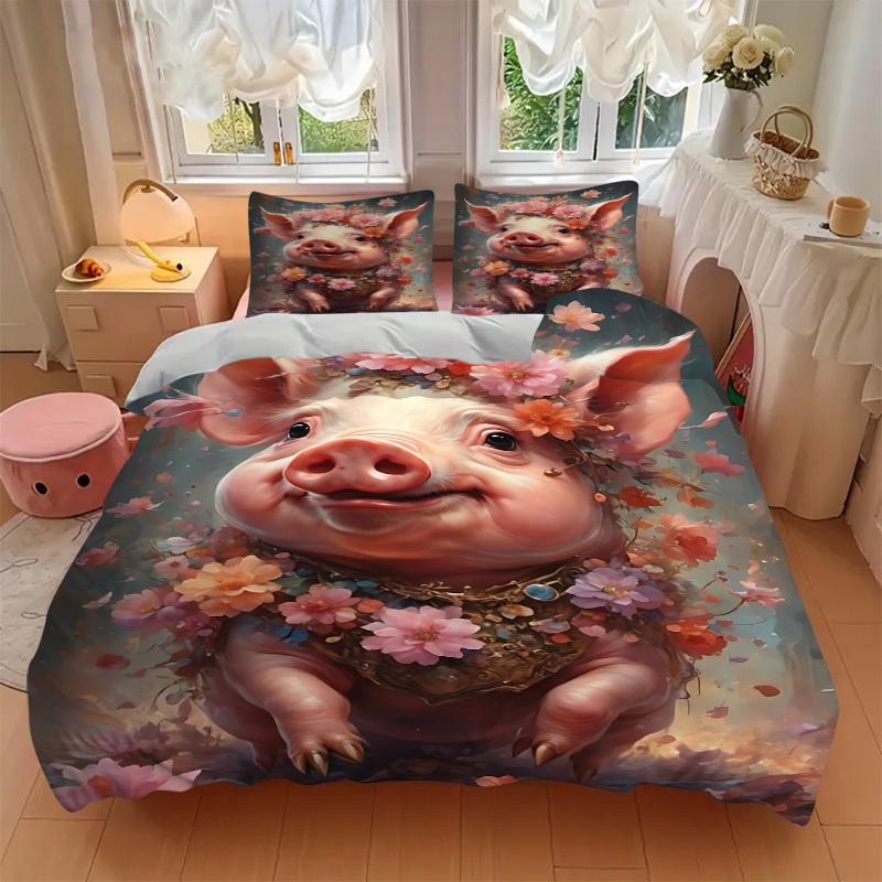 3pcs Floral Pig Bedding Set - 1 Duvet Cover + 2 Pillowcases(Core Not Included), Machine Washable Polyester, All-Season Comfort, Bedroom Deco