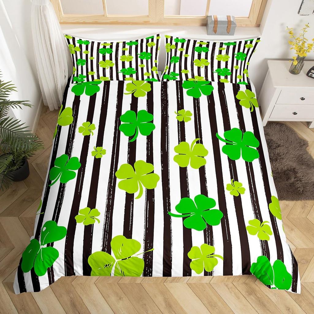 St. Patrick's Day Duvet Cover Queen Cartoon Green Clover Leaves Quilt Cover Holiday Spring Lucky Theme Bedding Set for Dorm Room