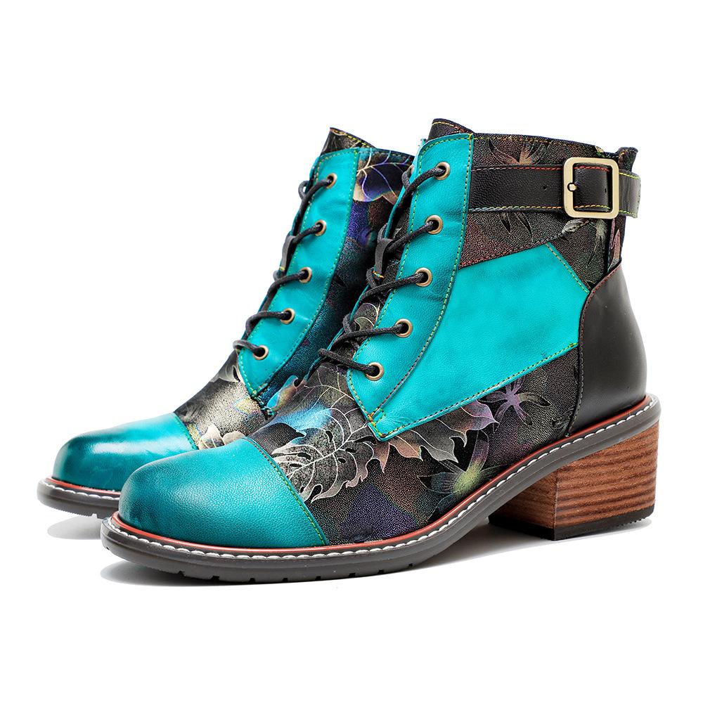 Johnature Handmade Printing Contrast Short Boots Retro Casual Comfort Genuine Leather Women Shoes