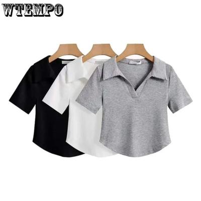 Polo Collar Shirt Short Sleeve Women's Cropped T-Shirt Crop Top Slim High Waist Simple Casual Style Summer 2024 New Style