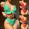 2024 European & American Print Ruffle High Waist Bikini with Tie Neck