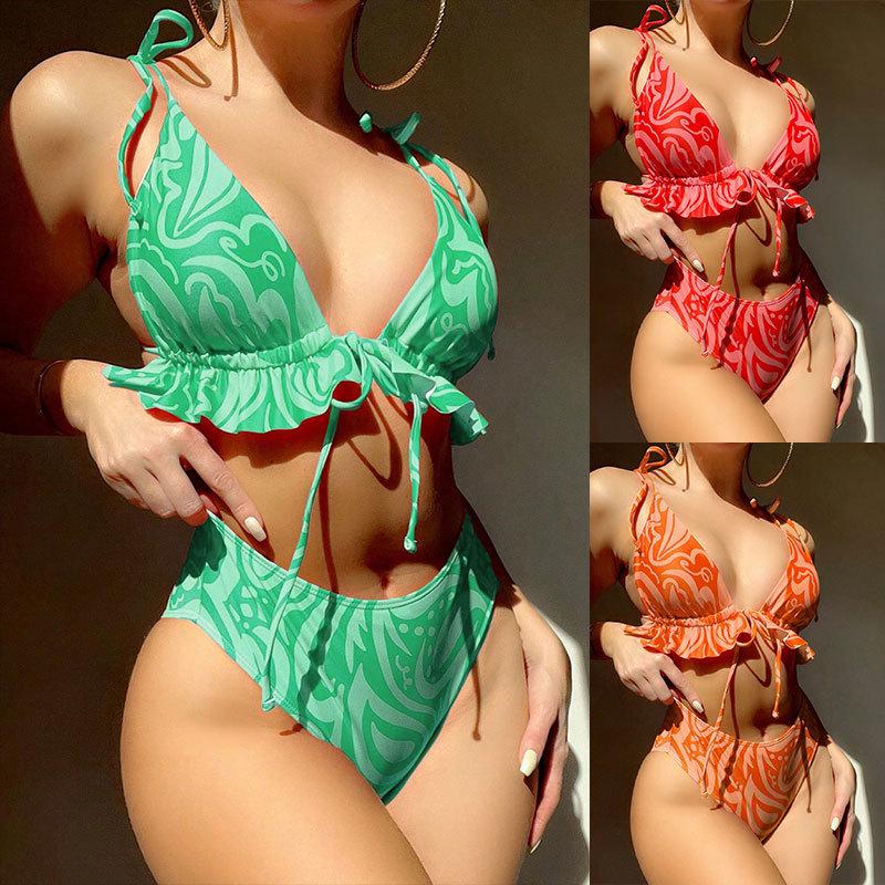 

2024 European & American Print Ruffle High Waist Bikini with Tie Neck Medium