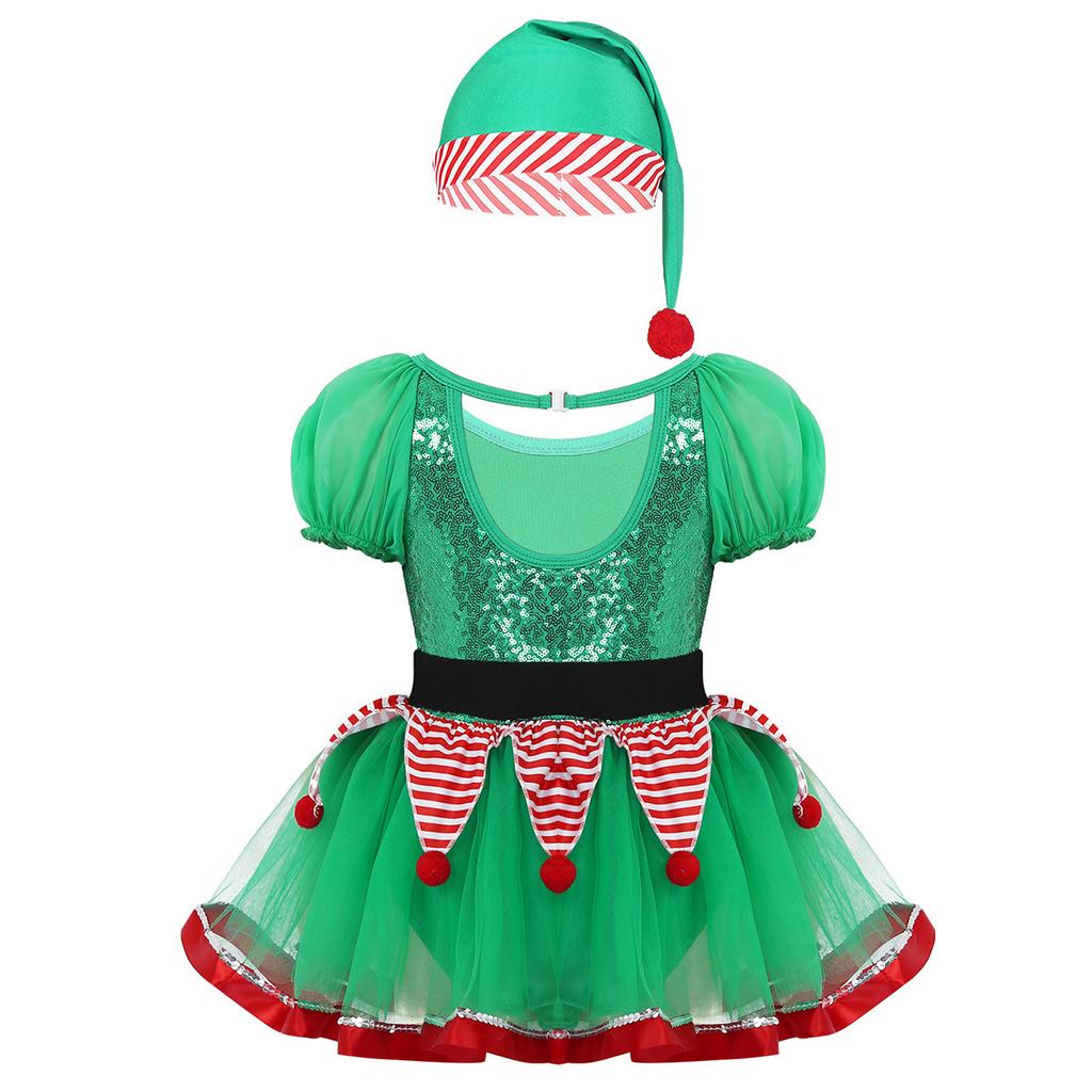 Girls Christmas Fairy Costume Short Puff Sleeves Sequined Striped Peplum Mesh Tutu Leotard Dress Hat Included